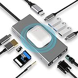 USB C HUB Dongle mit kabellosem Laden, 13 in 1 Docking Station Adapter mit 4K-HDMI, VGA, 2×USB3.0, USB C 3.0&2.0, RJ45 Ethernet, PD 100W, SD/TF & 3.5mm AUX, Kompatibel mit MacBook Pro & Andere Laptops