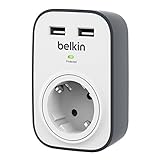 Belkin SurgeCube USB-Steckdose und Überspannungsschutz, 1 Weg/1 Stecker mit Überspannungsschutz, geschützter Stecker mit USB-Steckplätzen x 2 (2,4 A), Weiß